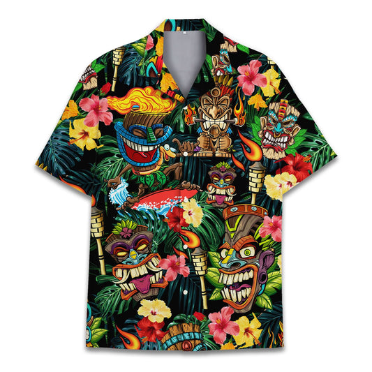 Hawaiian shirt with cartoon tiki faces, flaming torches, and tropical flowers on a black background – perfect for luau or summer parties