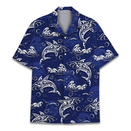 Navy blue Hawaiian shirt featuring white tribal sharks and ocean wave designs – perfect for beach lovers and ocean vibes