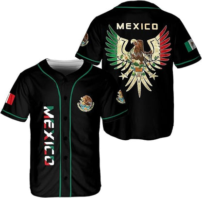 Black Mexico baseball jersey with tricolor eagle wings, Mexican flag design and bold vertical lettering