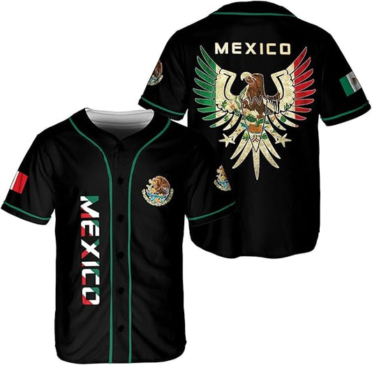 Black Mexico baseball jersey with tricolor eagle wings, Mexican flag design and bold vertical lettering