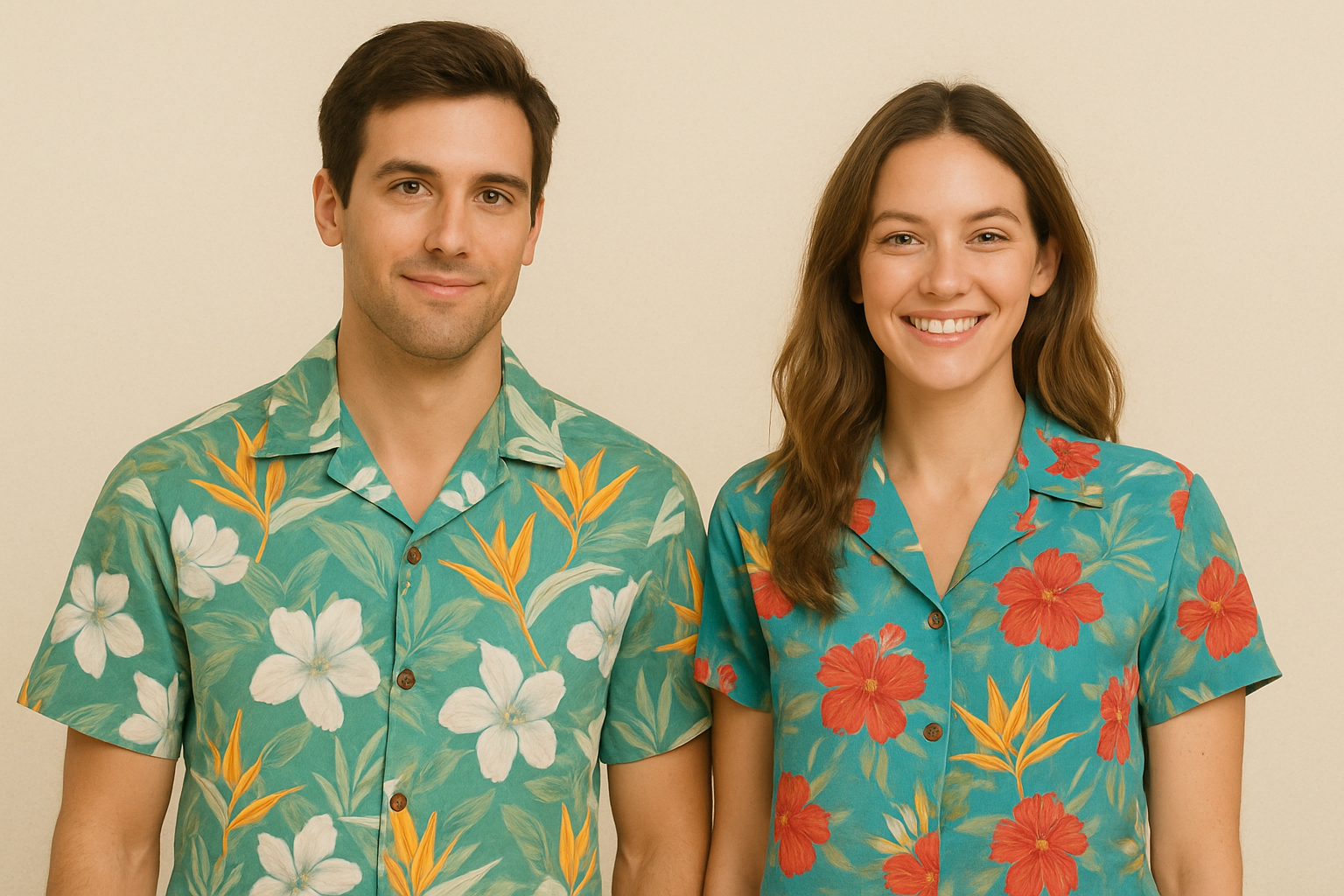Man and woman in vibrant tropical Hawaiian shirts with green and red floral patterns – perfect for beachwear, vacation, and summer lifestyle
