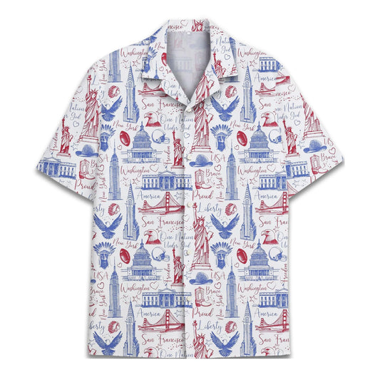 Hawaiian shirt with hand-drawn USA landmarks including Statue of Liberty, Capitol, and Golden Gate Bridge