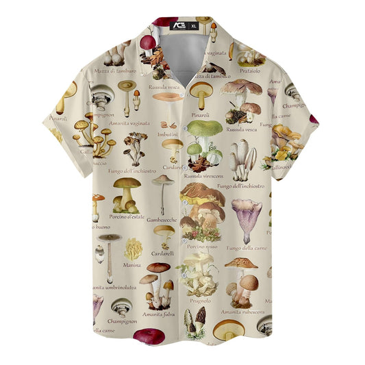 Cream Hawaiian shirt with illustrated vintage mushrooms and Italian names