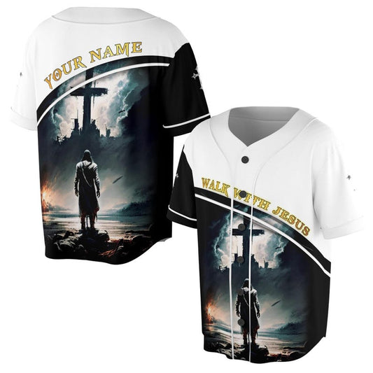 Christian jersey with warrior walking toward cross and text “Walk With Jesus”