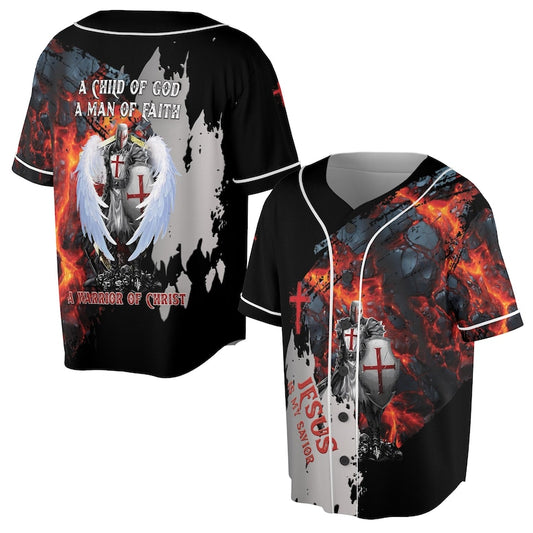 Baseball jersey with knight angel, cross symbols, and “Warrior of Christ” faith quote