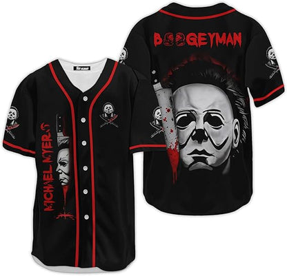 Black women’s Michael Myers baseball jersey with red trim and vertical knife face horror graphic