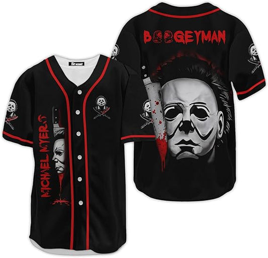 Black women’s Michael Myers baseball jersey with red trim and vertical knife face horror graphic
