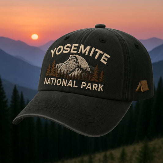 Black washed hat with embroidered Yosemite mountain and pine forest design