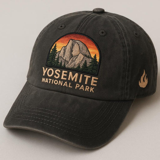 Washed black dad hat with embroidered Yosemite Half Dome and sunset design – perfect for national park fans and hikers